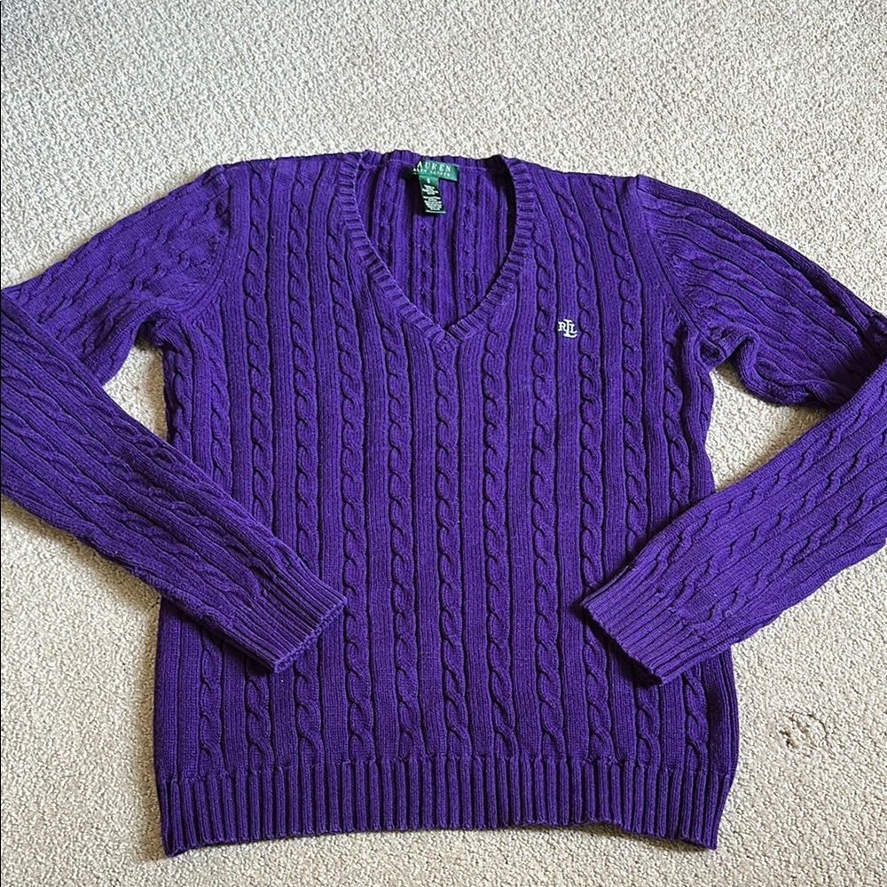 LAUREN RALPH LAUREN Purple Logo Cable Knit Vneck Sweater